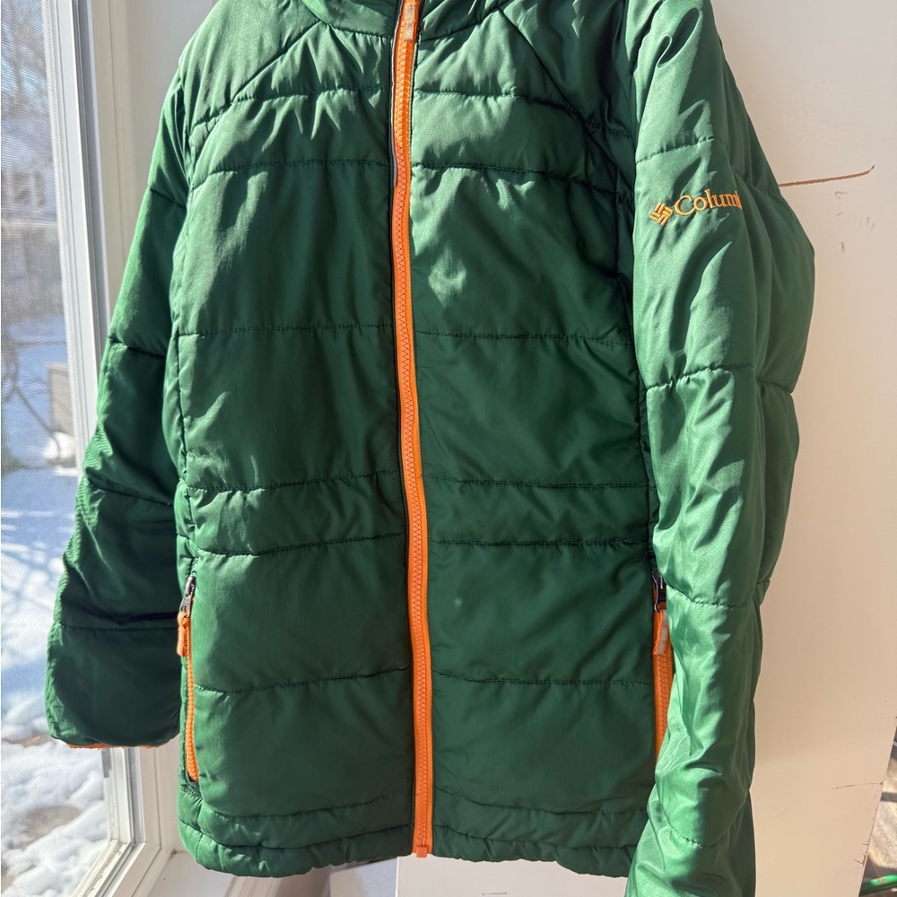 Columbia Forest Green Jacket with Vibrant Orange Trim